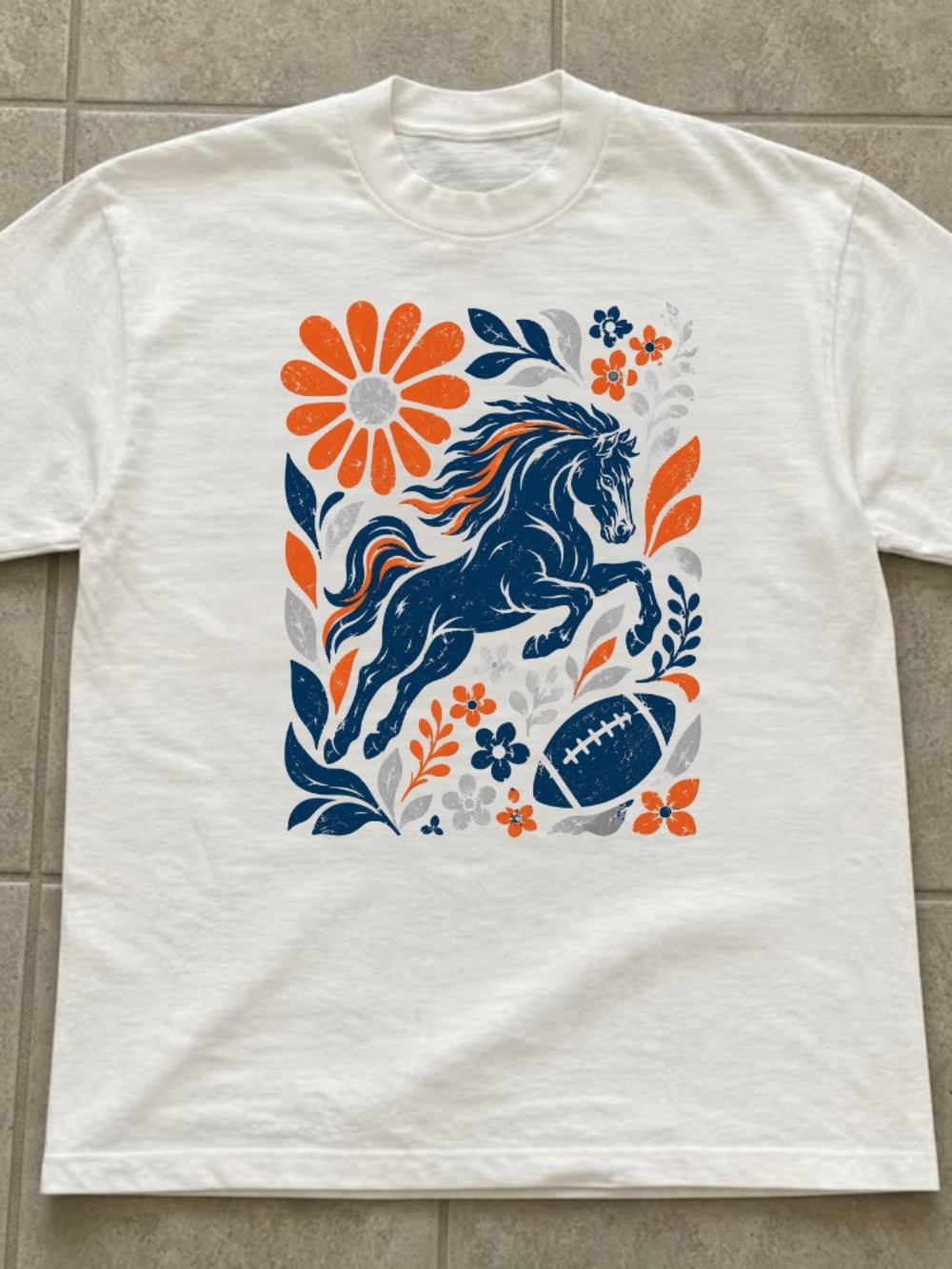 Denver Bronco Horse Football Flowers Orange Navy Blue Vintage White T-Shirt